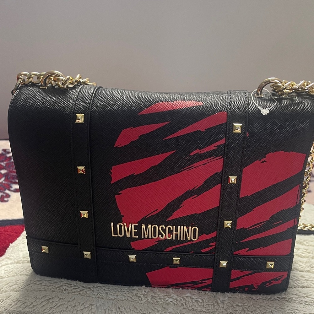 Love Moschino Black and Red Crossbody Bag with Gold Accents